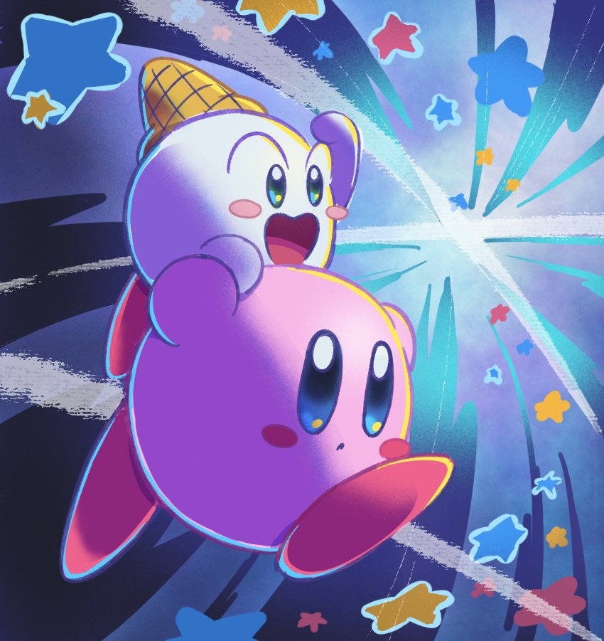 blue_background, blush_stickers, colored_skin, dizzy_(kirby), highres, ice_cream_cone, kirby, kirby_(series), kopa_nishikida, nintendo, no_humans, open_mouth, pink_skin, smile, star_(symbol), white_skin
