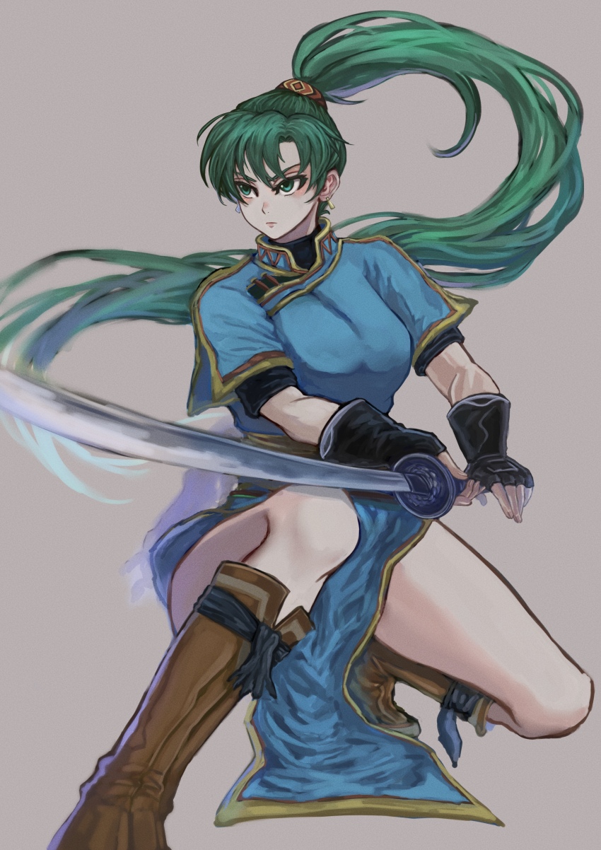 1girl, absurdres, black_gloves, blue_dress, boots, breasts, brown_boots, dress