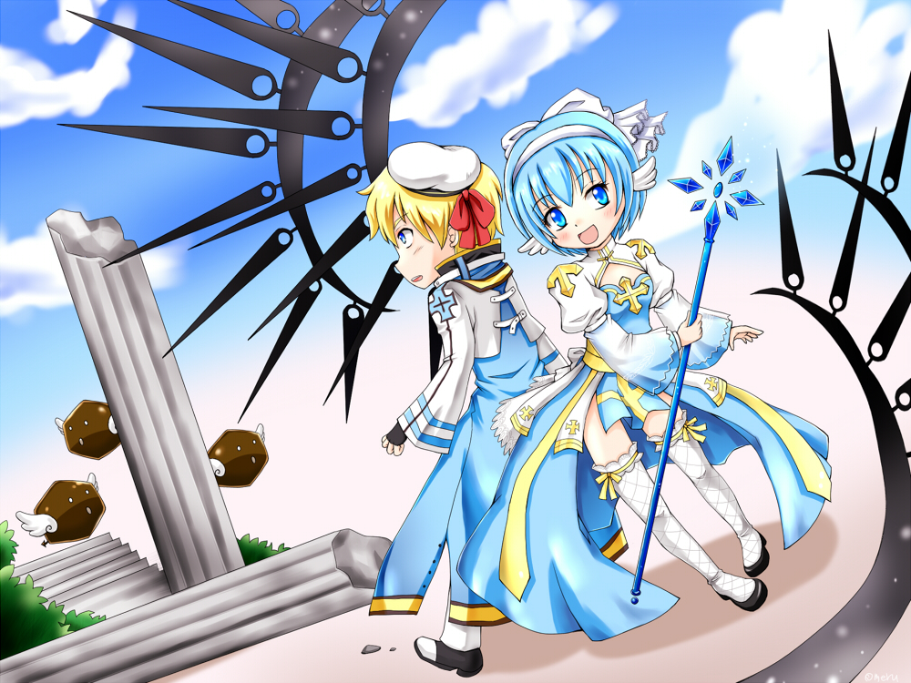 1boy, 1girl, arch_bishop_(ragnarok_online), beret, black_gloves, black_shoes, blonde_hair, blue_coat