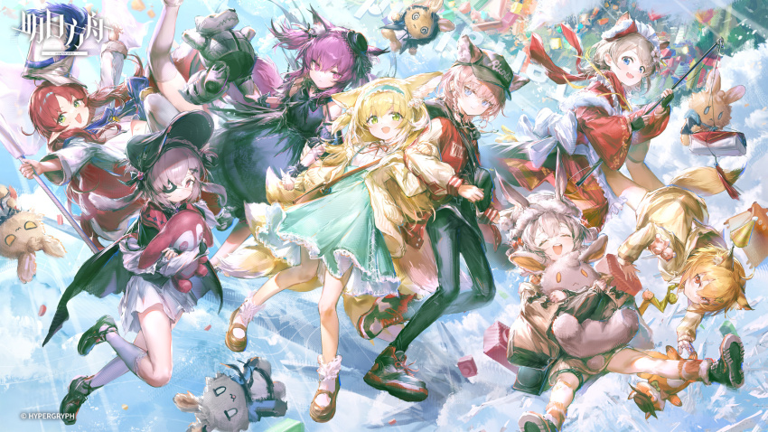 6+girls, almond_(almond_platter)_(arknights), almond_(arknights), animal_ears, arknights, black_bonnet, blonde_hair, blue_eyes
