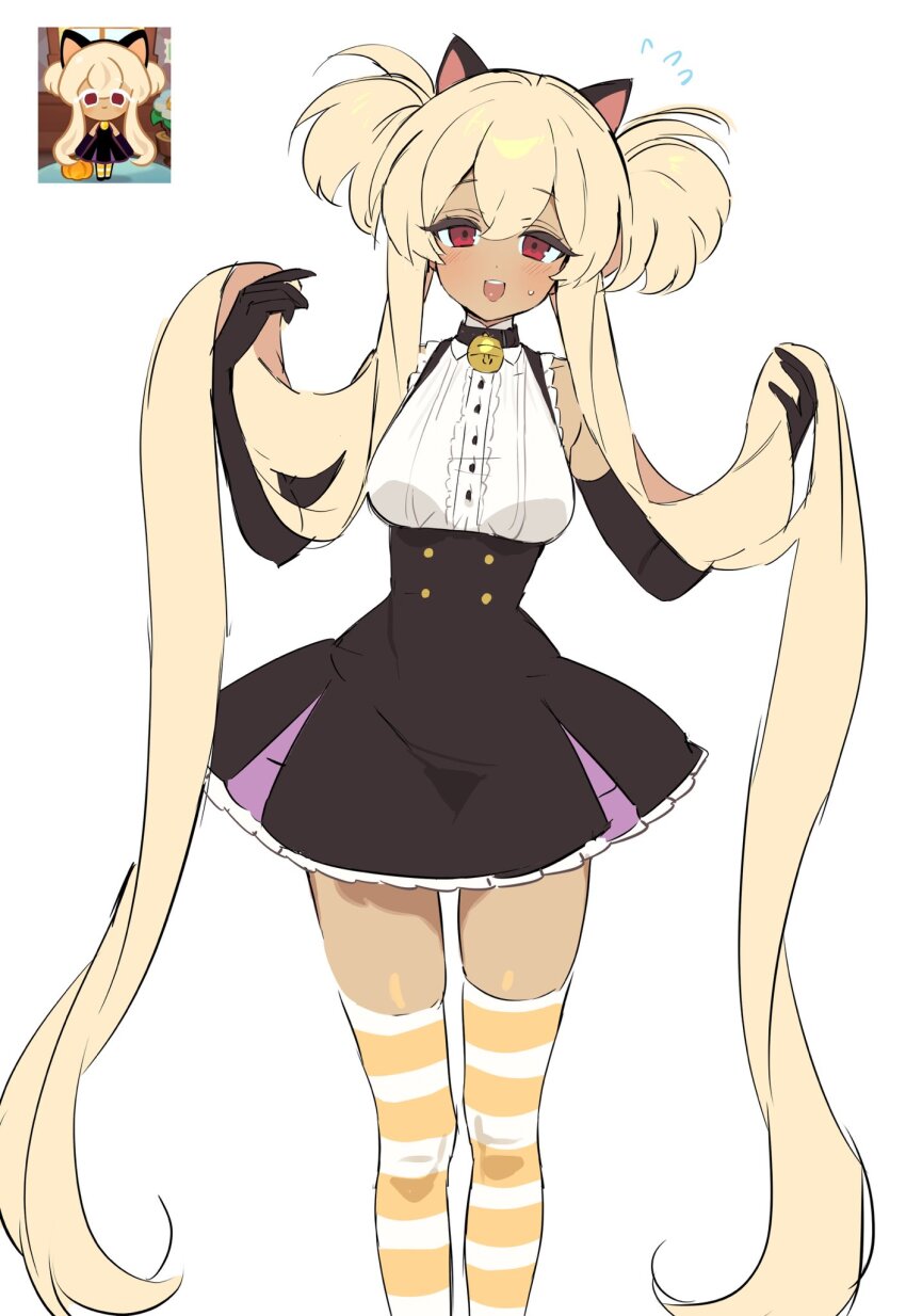 1girl, :d, animal_ears, bare_shoulders, bell, black_collar, black_gloves, black_skirt, blush, breasts, buttons, caramel_choux_cookie, cat_ears, center_frills, collar, cookie_run, cookie_run:_kingdom, dark-skinned_female, dark_skin, double-breasted, double-parted_bangs, double_bun, elbow_gloves, fake_animal_ears, feet_out_of_frame, flying_sweatdrops, frilled_shirt, frills, gloves, gold_buttons, hair_between_eyes, hair_bun, high-waist_skirt, highres, holding, holding_own_hair, humanization, long_sidelocks, medium_breasts, miniskirt, multicolored_thighhighs, neck_bell, ohta_guk_hip, open_mouth, orange_thighhighs, petticoat, raised_eyebrows, red_eyes, reference_inset, shirt, shirt_tucked_in, short_hair_with_long_locks, sidelocks, skirt, sleeveless, sleeveless_shirt, smile, solo, standing, straight-on, sweatdrop, teeth, thighhighs, tongue, tongue_out, two-tone_thighhighs, upper_teeth_only, very_long_sidelocks, white_thighhighs, zettai_ryouiki