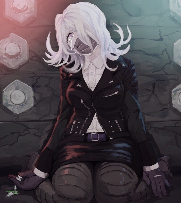 1girl, black_gloves, black_jacket, black_skirt, broken_syringe, crying, danganronpa_(series), danganronpa_3_(anime), eyelashes, full_body, gloves, hair_over_one_eye, holding, holding_syringe, jacket, kimura_seiko, kneeling, long_sleeves, looking_at_viewer, mask, mouth_mask, poiaya, shirt, skirt, solo, syringe, white_hair, white_shirt