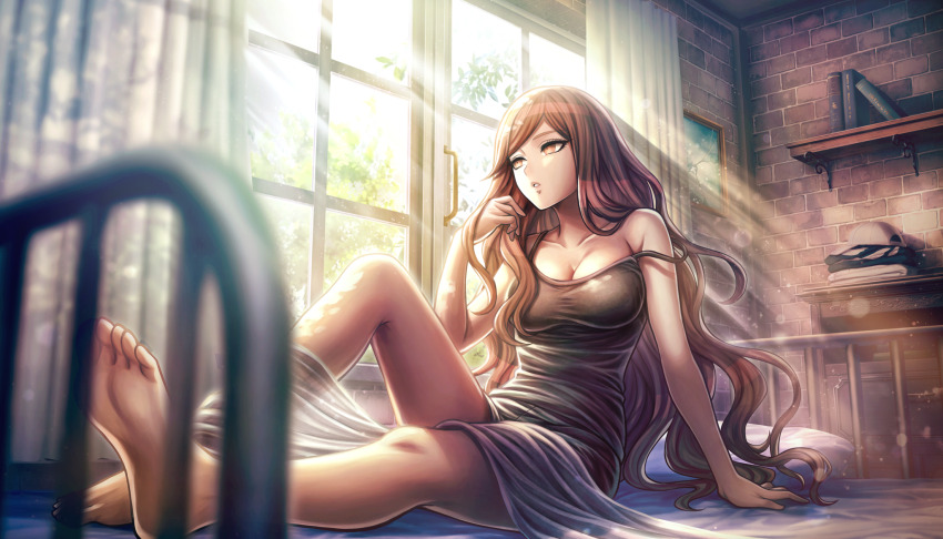1girl, :o, bare_shoulders, barefoot, breasts, brown_shirt, curtains, face_piercing, half-closed_eyes, highres, jujo_miu, labret_piercing, long_hair, looking_afar, looking_to_the_side, medium_breasts, non-web_source, official_art, on_bed, parted_lips, piercing, shirt, sitting, soles, solo, spaghetti_strap, tribe_nine, waking_up, window