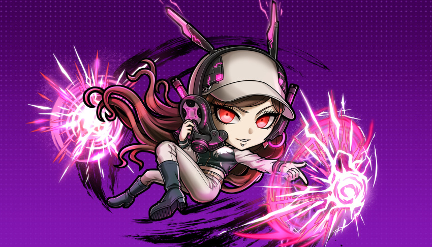 1girl, baseball_cap, black_boots, black_jacket, boots, brown_hair, chibi, chibi_only