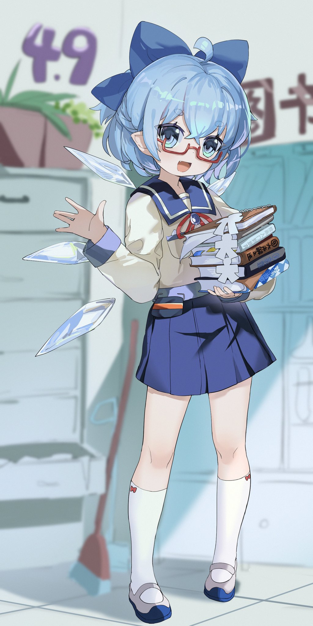 1girl, :d, ahoge, alternate_costume, aqua_hair, bespectacled, blue_bow, blue_skirt