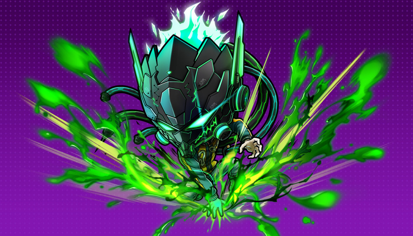 1boy, chibi, chibi_only, claw_pose, facing_viewer, fighting_stance, full_body, green_jacket, hand_up, helmet, highres, jacket, kneeling, male_focus, non-web_source, official_art, purple_background, solo, takinogawa_jio, tribe_nine