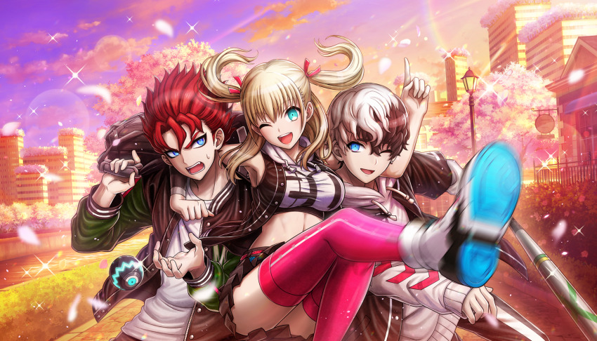 1girl, 2boys, :d, aqua_eyes, arm_around_neck, bag, bare_shoulders, baseball_bat, black_hair, black_jacket, black_skirt, blonde_hair, blue_eyes, breasts, crop_top, fangs, highres, holding, holding_bag, holding_baseball_bat, hood, hoodie, iroha_tsuki, jacket, kuronaka_yo, long_hair, looking_at_another, looking_at_viewer, medium_breasts, midriff, motion_blur, multicolored_hair, multiple_boys, non-web_source, official_art, one_eye_closed, open_mouth, pink_thighhighs, red_hair, short_hair, skirt, sleeveless, smile, spiked_hair, sweatdrop, thighhighs, tribe_nine, two-tone_hair, two_side_up, white_hair, white_hoodie, yakumo_sui