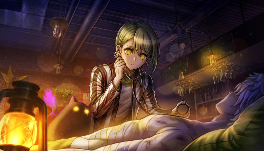 2boys, androgynous, bandages, bruise, frown, furrowed_brow, green_eyes, green_hair, hair_between_eyes, highres, holding, holding_stethoscope, injury, jacket, kohinata_koishi, lantern, looking_at_another, male_focus, multiple_boys, non-web_source, official_art, otori_ojirou, parted_lips, q_(tribe_nine), short_hair, solo_focus, stethoscope, striped_clothes, striped_jacket, tribe_nine, vertical-striped_clothes, vertical-striped_jacket