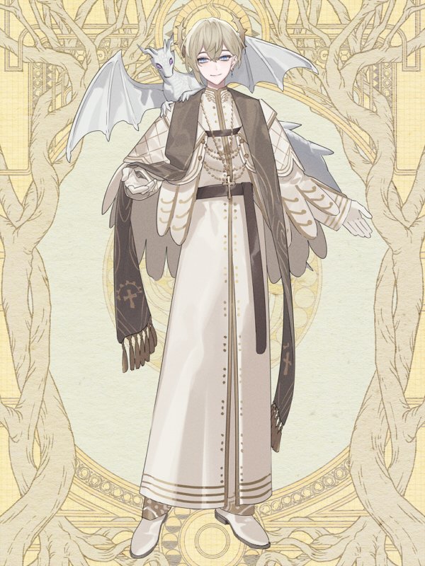 1boy, animal, animal_on_shoulder, beckoning, blue_eyes, brown_sash, brown_scarf, capelet