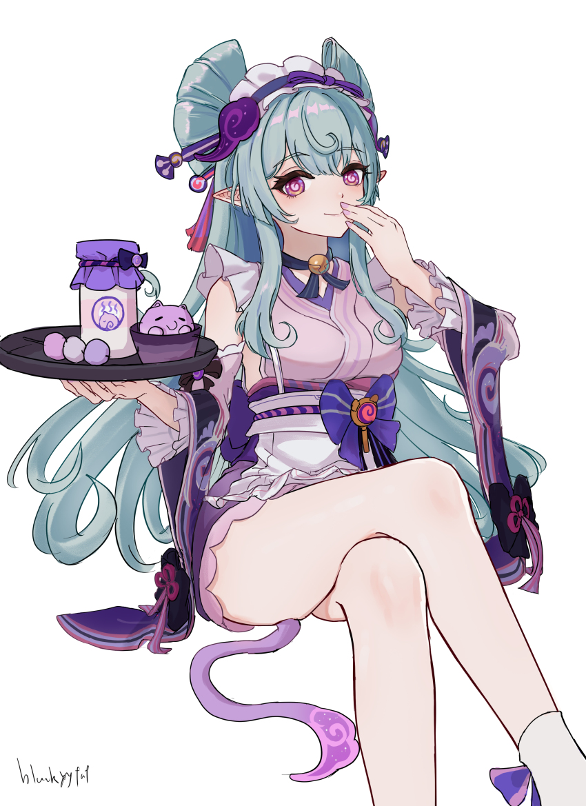1girl, absurdres, apron, aqua_hair, bell, blackxyfaf, breasts, crossed_legs