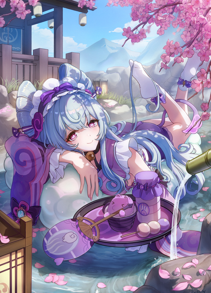 1girl, absurdres, apron, aqua_hair, bell, blackxyfaf, breasts, cherry_blossoms