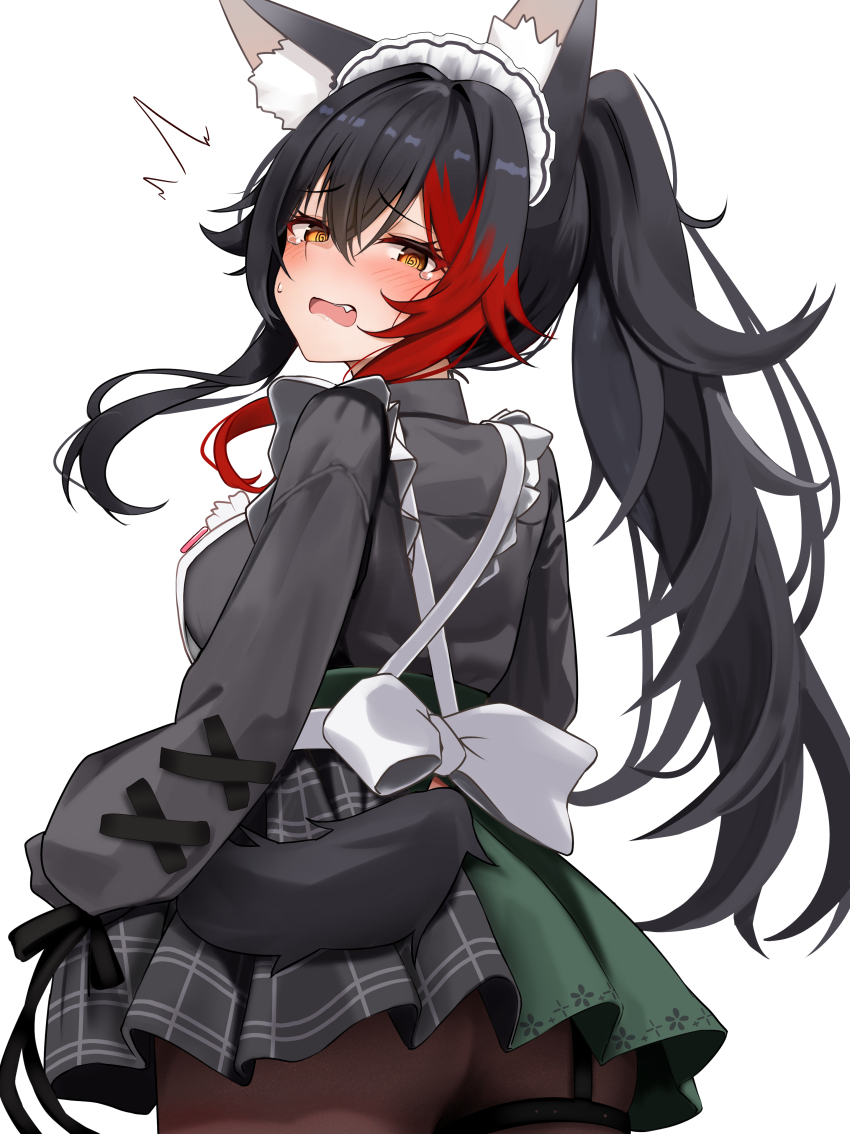 1girl, @_@, absurdres, animal_ears, apron, ass, black_hair, black_pantyhose