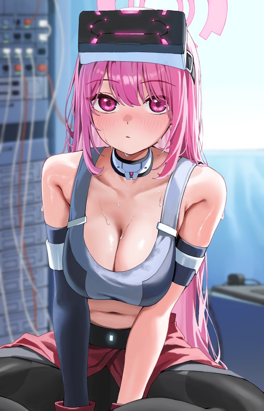 1girl, absurdres, armband, black_armband, black_gloves, black_pants, blue_archive, blurry