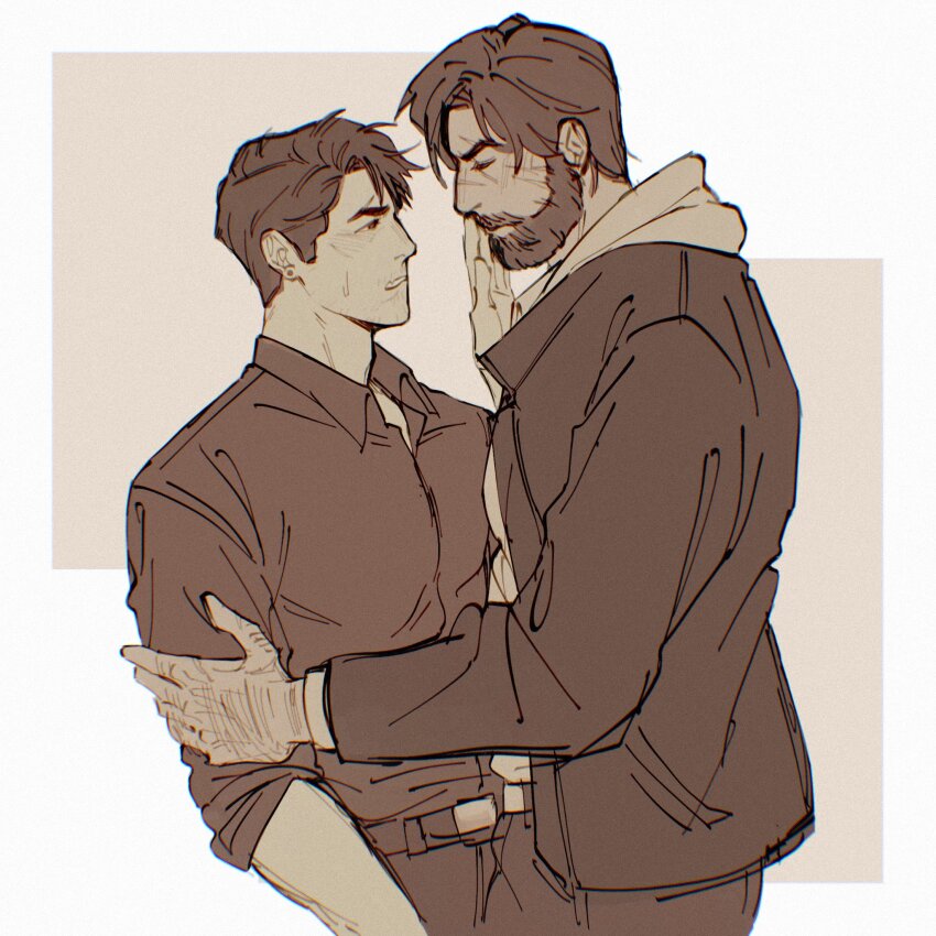 2boys, bailey_(degrees_of_lewdity), bailey_(male)_(degrees_of_lewdity), beard, brown_hair, brown_jacket, brown_pants, brown_shirt