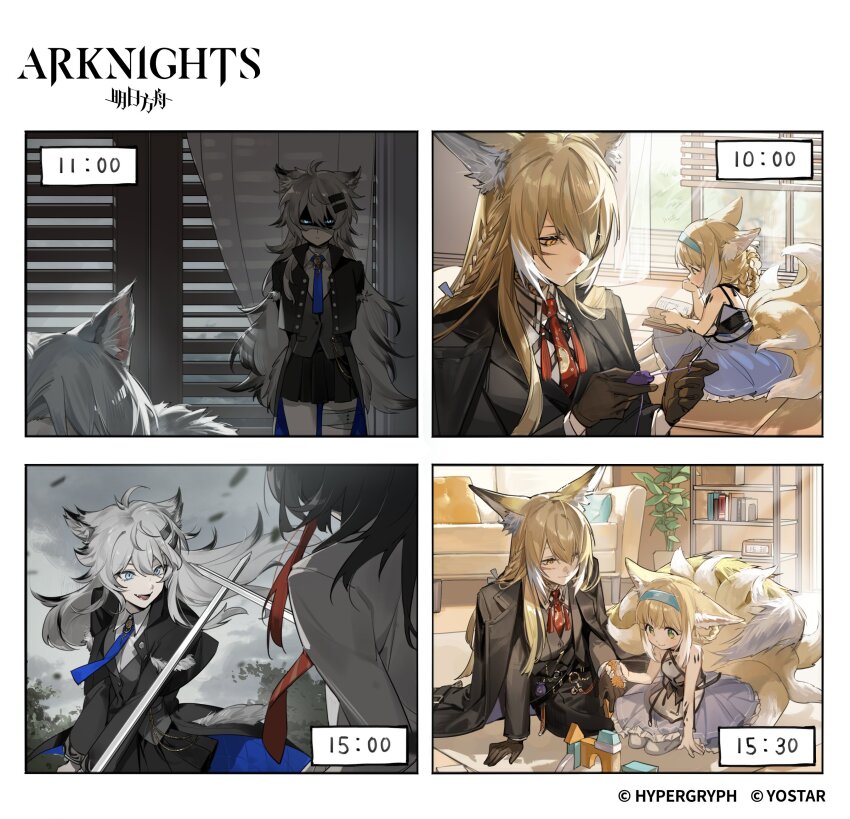 1boy, 4girls, :d, absurdres, alberto_saluzzo_(arknights), animal_ears, arknights, bandaged_leg, bandages, blonde_hair, blue_eyes, blue_hairband, blue_necktie, bokyo, book, brown_gloves, coat, commentary, copyright_name, copyright_notice, curtains, english_commentary, fang, father_and_child, father_and_daughter, fighting, fox_ears, fox_girl, fox_tail, gloves, glowing, glowing_eyes, green_eyes, grey_hair, grey_sky, hairband, highres, holding, holding_sword, holding_weapon, kitsune, kyuubi, lamp, lappland_(arknights), material_growth, mother_and_child, mother_and_daughter, multiple_girls, multiple_tails, necktie, needle, official_art, open_book, open_mouth, oripathy_lesion_(arknights), parent_and_child, plant, potted_plant, reading, red_necktie, second-party_source, sewing, sewing_needle, shaded_face, sky, smile, sunlight, suzuran_(arknights), sword, tail, texas_(arknights), timestamp, toy_block, vulpisfoglia_(arknights), weapon, wolf_boy, wolf_girl, yellow_eyes