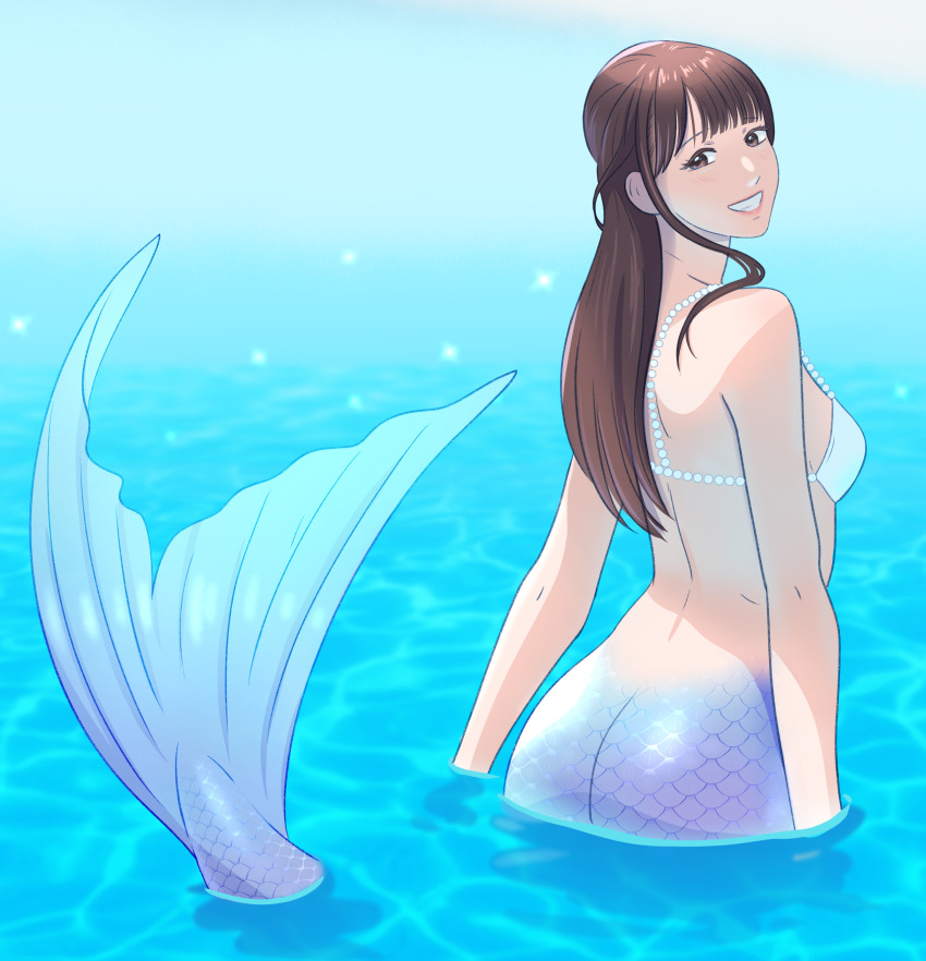 1girl, absurdres, ass, back, bikini, bikini_top_only, breasts, brown_eyes