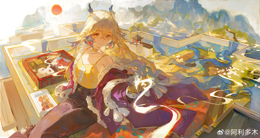 1girl, absurdly_long_hair, absurdres, ali_duo_mu, arknights, blonde_hair, blue_hair, brown_skirt
