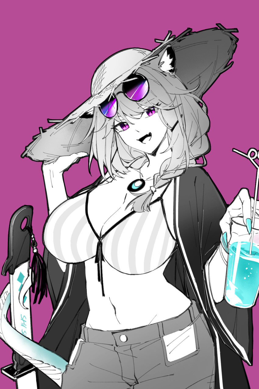 1girl, :d, animal_ear_fluff, animal_ears, arknights, bikini, breasts, chinese_commentary, cleavage, commentary_request, cowboy_shot, drink, drinking_straw, eyewear_on_head, fang, groin, hat, highres, holding, holding_drink, large_breasts, looking_at_viewer, medium_hair, navel, official_alternate_costume, open_mouth, partial_commentary, partially_colored, piaoliu_ping_ping_ping_pingzi, pink-tinted_eyewear, pink_background, pink_eyes, round_eyewear, shorts, simple_background, skin_fang, smile, solo, standing, straw_hat, sun_hat, swimsuit, tail, tinted_eyewear, utage_(arknights), utage_(summer_flowers)_(arknights)