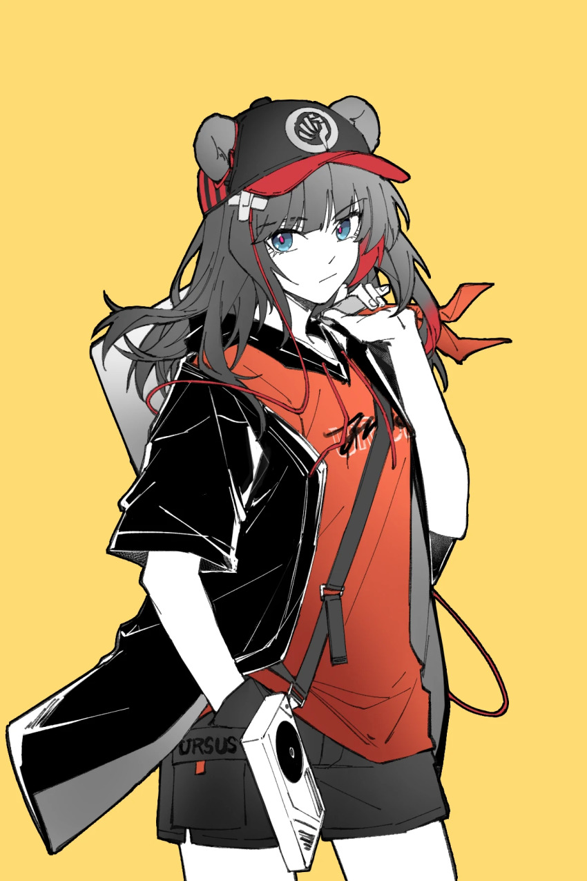 1girl, animal_ears, arknights, bandaid, bandaid_on_head, black_hair, black_hat, black_jacket