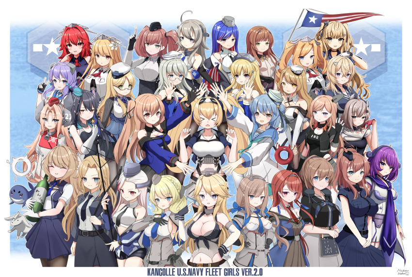 >_<, 6+girls, absurdres, ahoge, alcohol, american_flag, atlanta_(kancolle), bell, black_gloves, black_one-piece_swimsuit, blonde_hair, blue_hair, bottle, bow, breast_press, breasts, brooklyn_(kancolle), brown_hair, cleavage, closed_eyes, collar, colorado_(kancolle), country_connection, dress, drum_(kancolle), enemy_lifebuoy_(kancolle), everyone, fingerless_gloves, fletcher_(kancolle), flower, gambier_bay_(kancolle), gambier_bay_mk_ii_(kancolle), garrison_cap, general_belgrano_(kancolle), glasses, gloves, grey_eyes, hair_between_eyes, hair_bow, hair_flower, hair_ornament, hairband, hairclip, hand_on_own_hip, hands_on_own_hips, hat, headgear, helena_(kancolle), heywood_l._edwards_(kancolle), highres, holding, holding_bottle, honolulu_(kancolle), hornet_(kancolle), houston_(kancolle), index_finger_raised, intrepid_(kancolle), iowa_(kancolle), jacket, johnston_(kancolle), kantai_collection, langley_(kancolle), large_breasts, lexington_(kancolle), long_hair, long_necktie, maryland_(kancolle), massachusetts_(kancolle), medium_breasts, medium_hair, metal_collar, mini_hat, minneapolis_(kancolle), multicolored_hair, multiple_girls, nazono_neko, neck_bell, necktie, nevada_(kancolle), northampton_(kancolle), one-piece_swimsuit, open_mouth, own_hands_together, phoenix_(kancolle), ponytail, purple_eyes, purple_hair, purple_necktie, purple_sailor_collar, ranger_(kancolle), red_hair, red_hat, sailor_collar, sailor_dress, salmon_(kancolle), samuel_b._roberts_(kancolle), saratoga_(kancolle), scamp_(kancolle), scarf, school_uniform, serafuku, shirt, skirt, skull_print, small_breasts, south_dakota_(kancolle), star_(symbol), star_hair_ornament, streaked_hair, swimsuit, tuscaloosa_(kancolle), twintails, two-tone_one-piece_swimsuit, v, wahoo_(kancolle), wahoo_kai_(kancolle), washington_(kancolle), wavy_hair, white_dress, white_flower, white_one-piece_swimsuit, white_overskirt, white_scarf