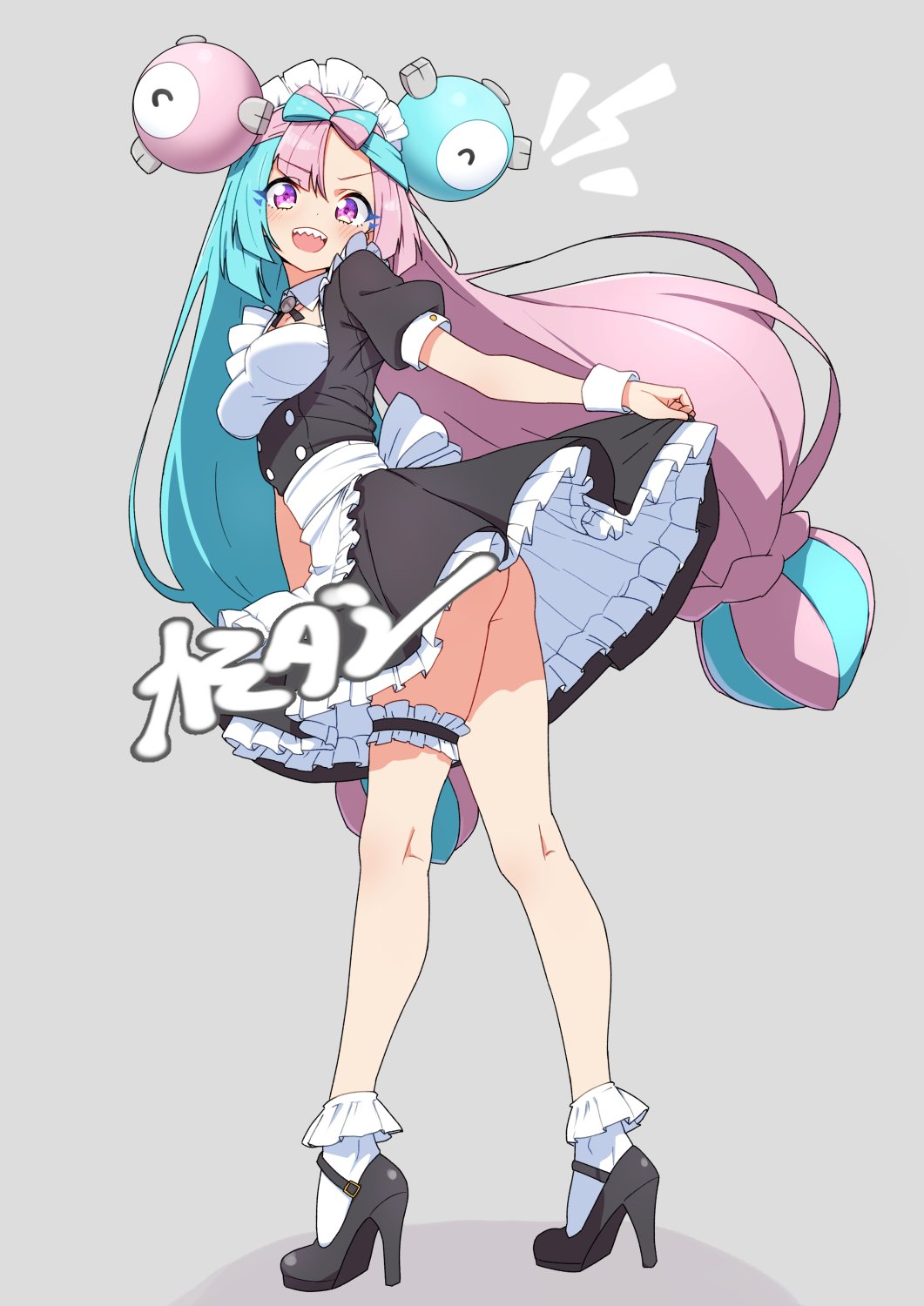 1girl, alternate_costume, apron, black_dress, black_ribbon, black_shoes, blue_hair, blue_light