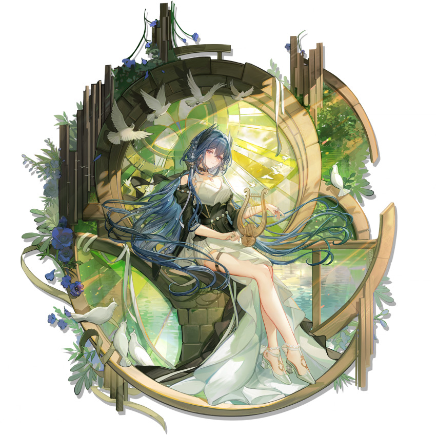 1girl, arknights, asymmetrical_dress, bare_legs, bead_necklace, beads, bird, bird_girl