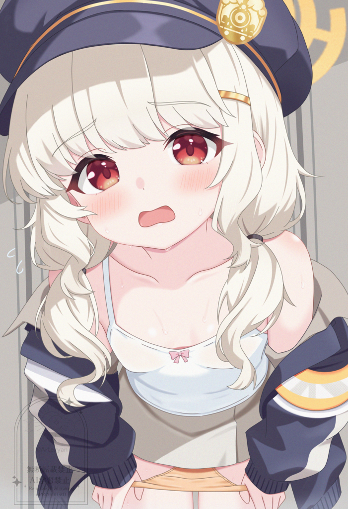 1girl, aoba_(blue_archive), artexyan, black_hat, blonde_hair, blue_archive, blush, bow