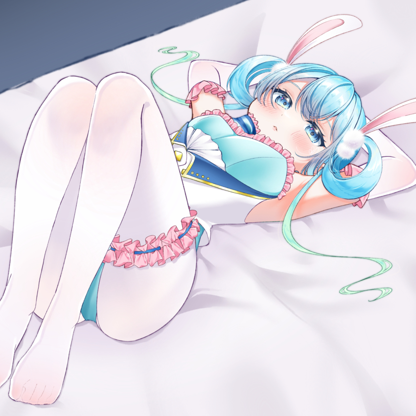 1girl, animal_ears, armpits, blue_eyes, blue_hair, blush, frills, highres, long_hair, looking_at_viewer, lying, on_bed, on_side, ongeki, pantyhose, pillow, rabbit_ears, sakuranoron, solo, suzushima_arisu, thighhighs