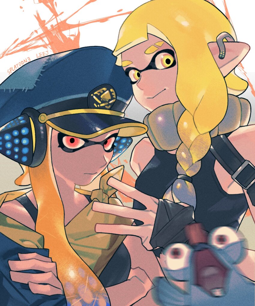 2girls, agent_3_(splatoon), agent_3_(splatoon_3), arm_wrap, behind-the-head_headphones, blonde_hair, blue_hair, blue_hat