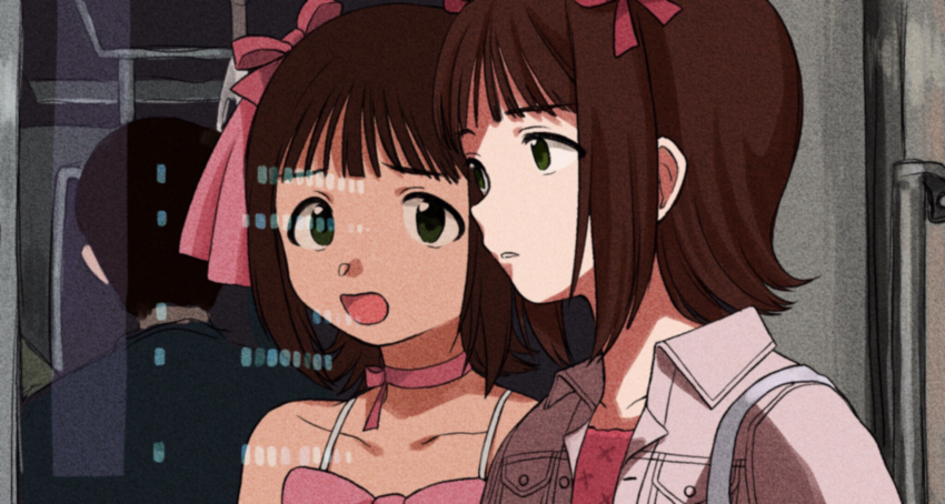 1girl, amami_haruka, bow, choker, cute_&amp;_girly_(idolmaster), different_reflection, green_eyes, hair_bow, hair_ribbon, highres, idolmaster, idolmaster_(classic), idolmaster_1, jacket, naruse_ill, parody, parted_lips, perfect_blue, pink_shirt, reflection, ribbon, shirt, short_hair, sidelocks, snow_strawberry_(idolmaster), solo, window