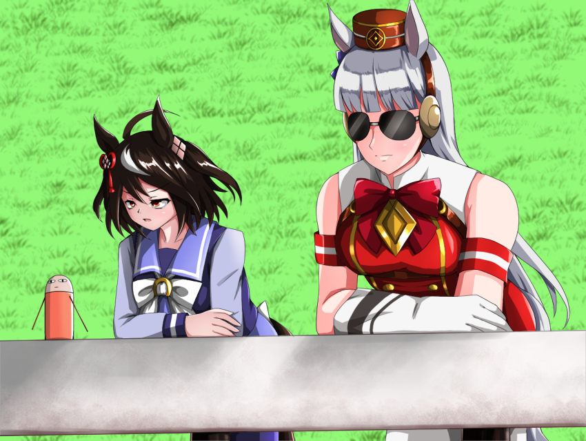 2girls, ahoge, animal_ears, black_hair, blunt_bangs, bow, bowtie, char_aznable