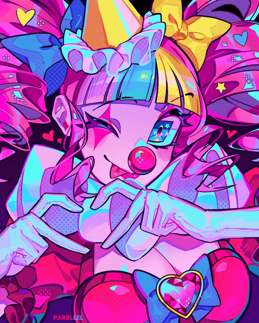 1girl, ;), ;p, april_first, artist_name, black_background, blonde_hair, blue_bow