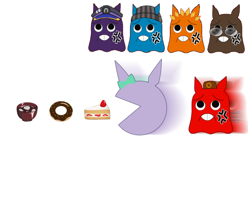 6+girls, afterimage, anger_vein, beanie, black_eyes, cake, cake_slice, donut