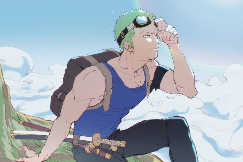 1boy, bag, bandana_around_arm, blue_tank_top, closed_mouth, cloud, commentary, epcl4zj4u