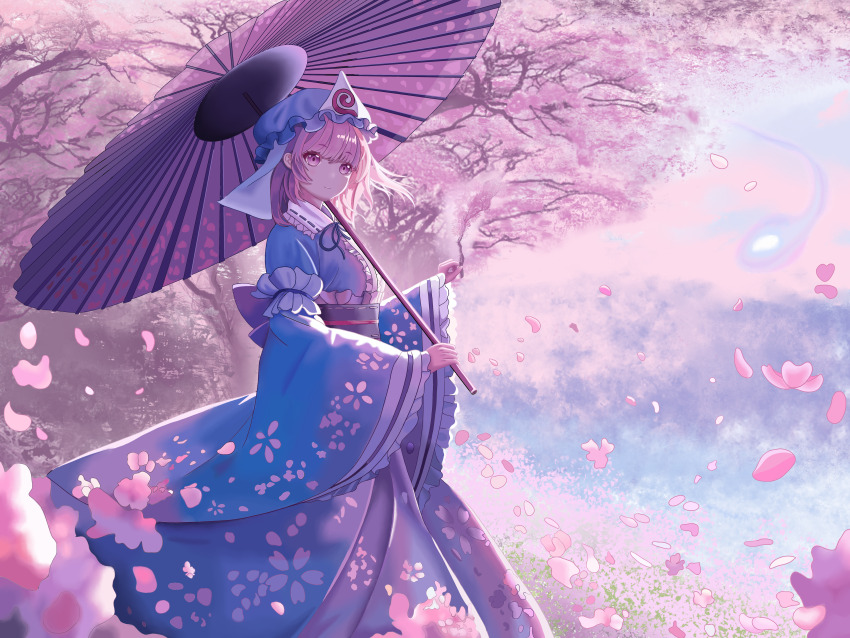 1girl, absurdres, blue_hat, blue_kimono, cherry_blossoms, chinese_commentary, closed_mouth, commentary_request