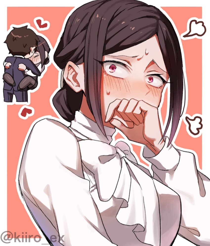 1boy, 1girl, aijou_rentarou, artist_name, black_hair, black_pantyhose, blush, bow