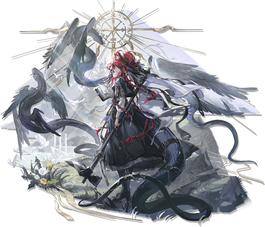 1girl, ahoge, arknights, belt, bird, bird_girl, black_belt, black_boots, black_capelet, black_feathers, black_pants, black_skirt, black_vest, book, boots, braid, buttoned_cuffs, buttons, capelet, chain, church, closed_mouth, column, compass, dandelion, dark-skinned_female, dark_skin, dove, earrings, feather_hair, feathers, floating_clothes, flower, from_side, full_body, gracebearer_(arknights), grass, green_eyes, hair_ornament, hairband, hairclip, high_heel_boots, high_heels, high_ponytail, highres, holding, holding_book, holding_polearm, holding_weapon, hoop_earrings, infection_monitor_(arknights), jewelry, lake, large_tail, layered_skirt, leg_belt, long_hair, long_skirt, long_veil, looking_at_viewer, looking_to_the_side, multiple_belts, multiple_braids, multiple_rings, nail_polish, nun, official_art, outdoors, pants, pillar, pleated_skirt, polearm, ponytail, puffy_sleeves, red_hair, ring, see-through_clothes, see-through_skirt, shirt, shui_di_yu_bu_lei_shao, skirt, snake, snake_girl, snake_tail, solo, standing, tail, tail_belt, tail_ornament, third-party_source, transparent_background, veil, vest, weapon, white_hairband, white_nails, white_shirt, white_skirt, white_veil, wings
