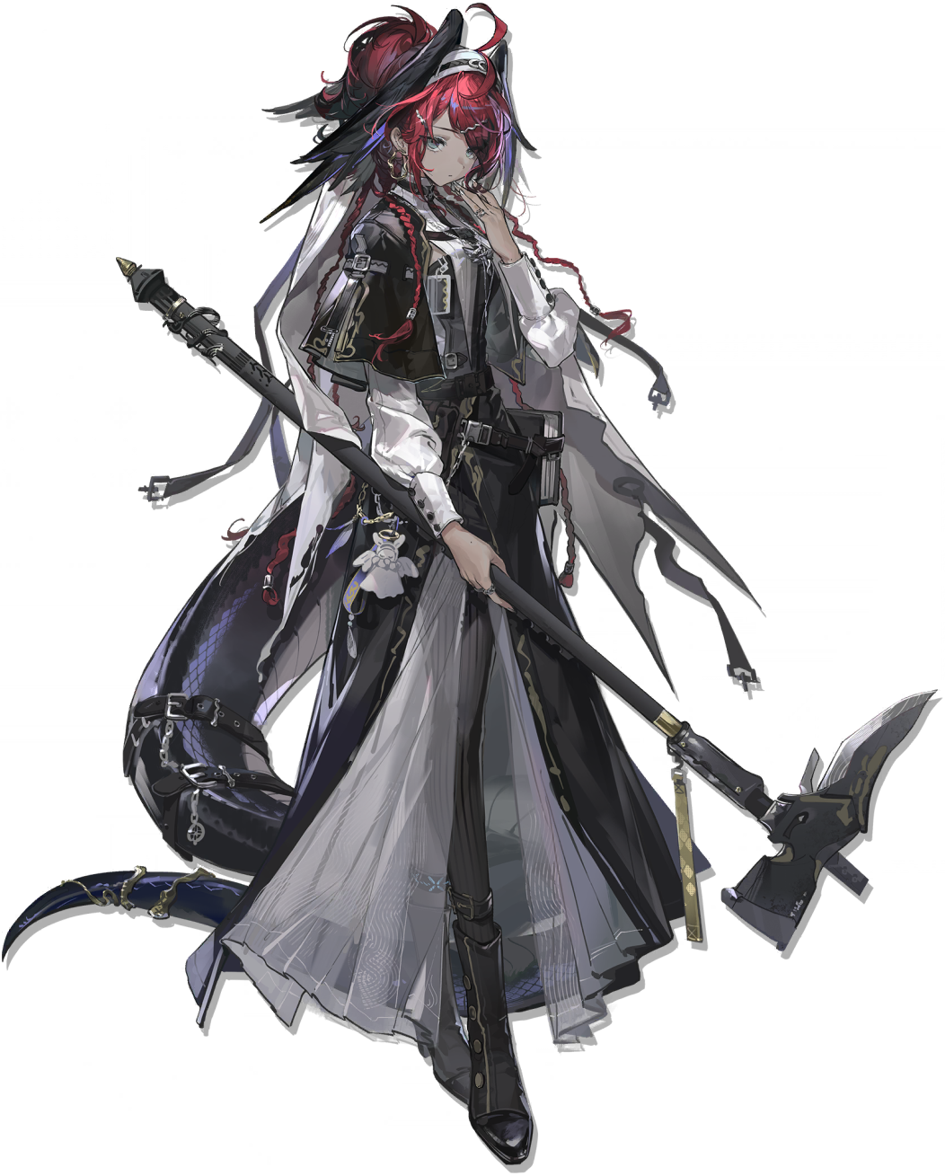 1girl, ahoge, arknights, belt, bird_girl, black_belt, black_boots, black_capelet, black_feathers, black_pants, black_skirt, black_vest, book, boots, braid, buttoned_cuffs, buttons, capelet, chain, closed_mouth, dark-skinned_female, dark_skin, earrings, feather_hair, feathers, full_body, gracebearer_(arknights), green_eyes, hair_ornament, hairband, hairclip, high_heel_boots, high_heels, high_ponytail, highres, holding, holding_polearm, holding_weapon, hoop_earrings, infection_monitor_(arknights), jewelry, large_tail, layered_skirt, leg_belt, long_hair, long_skirt, long_veil, looking_at_viewer, multiple_belts, multiple_braids, multiple_rings, nail_polish, nun, official_art, pants, pleated_skirt, polearm, ponytail, puffy_sleeves, red_hair, ring, see-through_clothes, see-through_skirt, shirt, shui_di_yu_bu_lei_shao, simple_background, skirt, snake_girl, snake_tail, solo, standing, striped_clothes, striped_pants, tail, tail_belt, tail_ornament, third-party_source, transparent_background, veil, vest, weapon, white_hairband, white_nails, white_shirt, white_skirt, white_veil