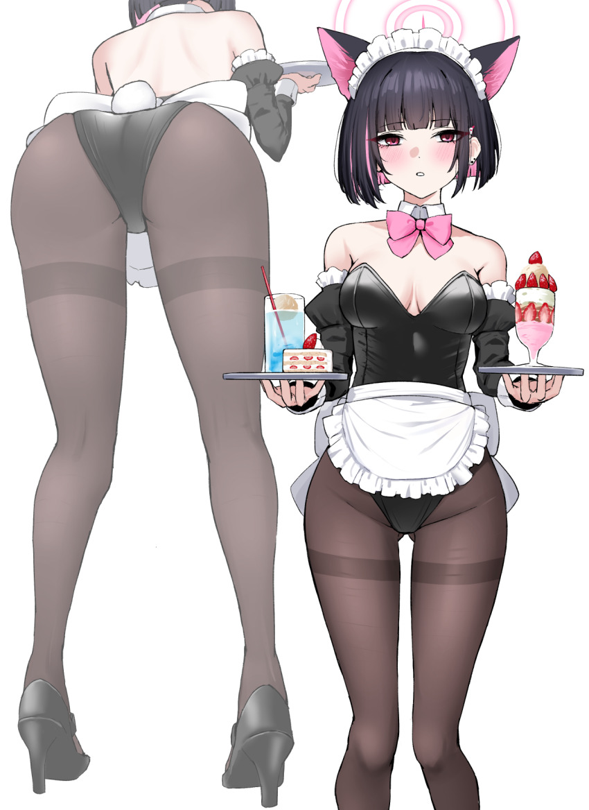 1girl, alternate_costume, animal_ears, apron, ass, back, bare_shoulders, black_leotard