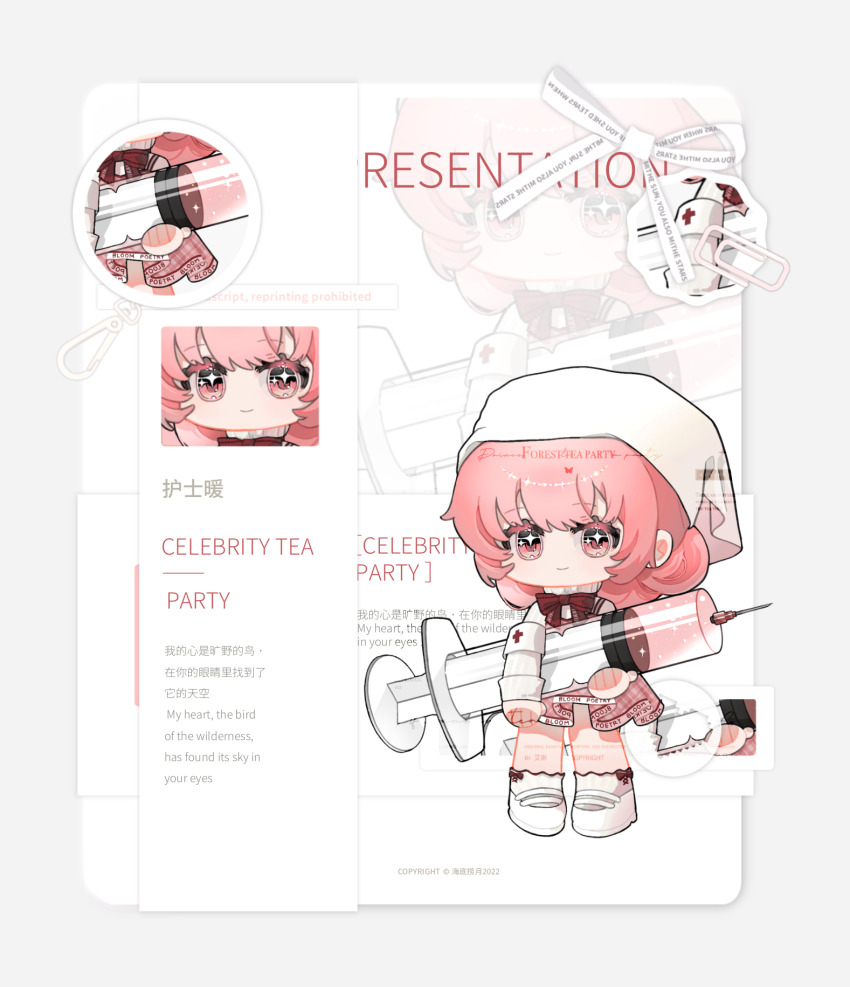 1girl, ankle_socks, armband, bow, bow_legwear, bowtie, chibi, chinese_commentary