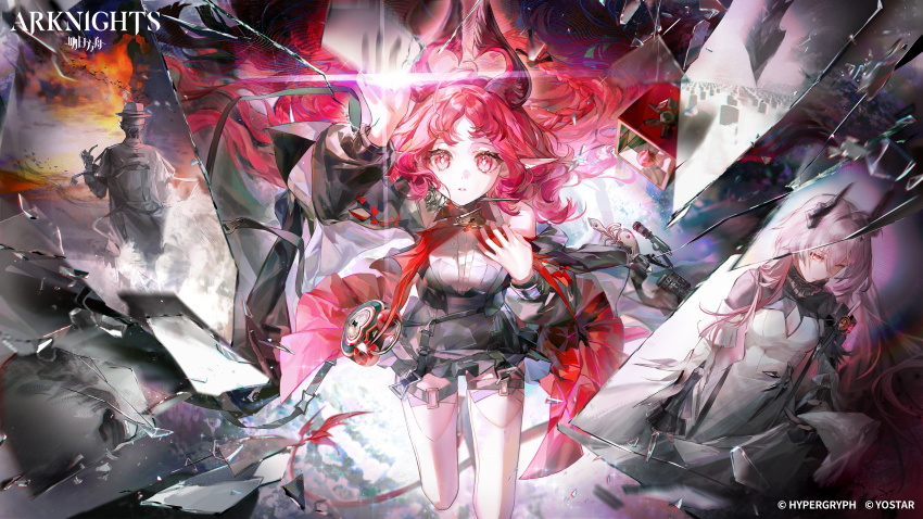 1boy, 2girls, absurdres, arknights, arm_up, bare_shoulders, brown_hat, chinese_commentary