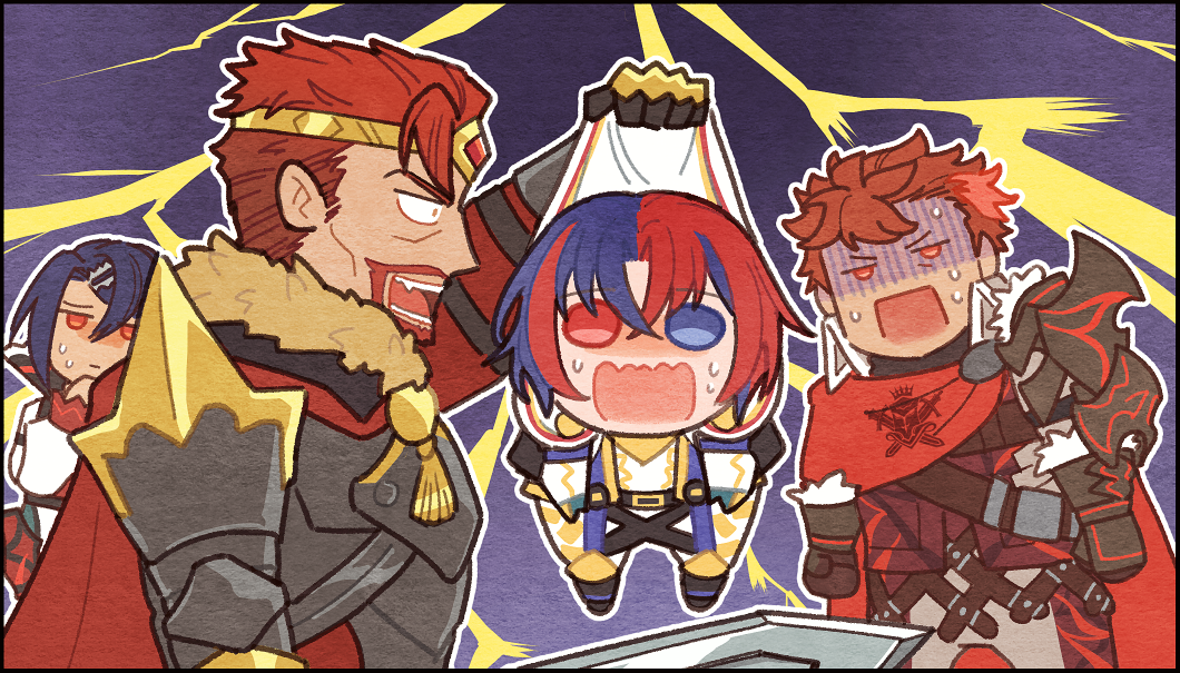 4boys, alcryst_(fire_emblem), male_alear_(fire_emblem), blue_eyes, blue_hair, crown, diamant_(fire_emblem), facial_hair, fire_emblem, fire_emblem_engage, goatee, gold_crown, hair_ornament, hairclip, king, kszm_fe, male_focus, morion_(fire_emblem), multiple_boys, nintendo, open_mouth, prince, red_eyes, red_hair