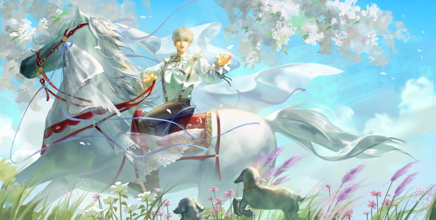 1boy, absurdres, baby_animal, black_boots, black_ribbon, blue_eyes, blue_sky, boots