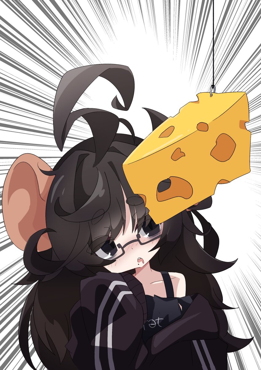 1girl, absurdres, ahoge, animal_ears, bad_link, bad_twitter_link, bags_under_eyes, black-framed_eyewear, black_eyes, black_hair, blush, cheese, ferumon, flat_chest, food, highres, huge_ahoge, indie_virtual_youtuber, large_ears, long_hair, long_sleeves, messy_hair, mesugaki, mole, mole_under_mouth, mouse_(animal), mouse_ears, mouse_girl, open_mouth, petite, rectangular_eyewear, ririgaki, shirt, simple_background, sleepy, solo, virtual_youtuber