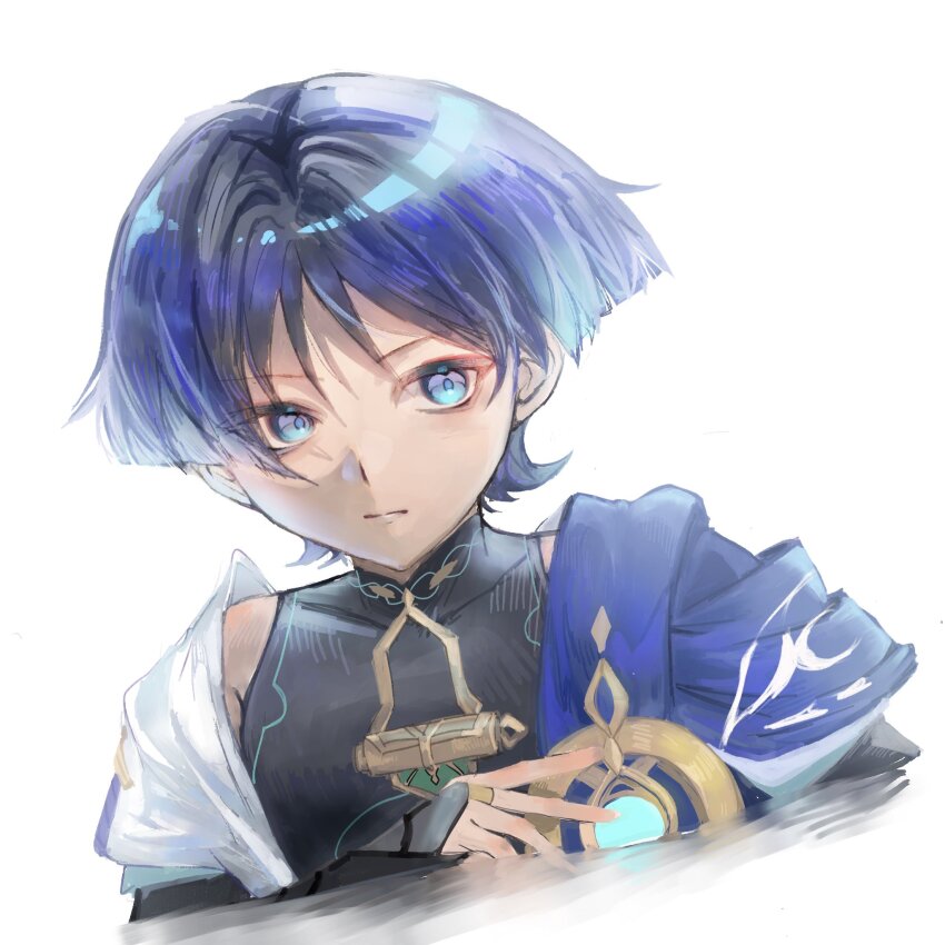 1boy, armor, armpit_crease, black_bodysuit, black_bridal_gauntlets, black_hair, blue_cape, blue_eyes