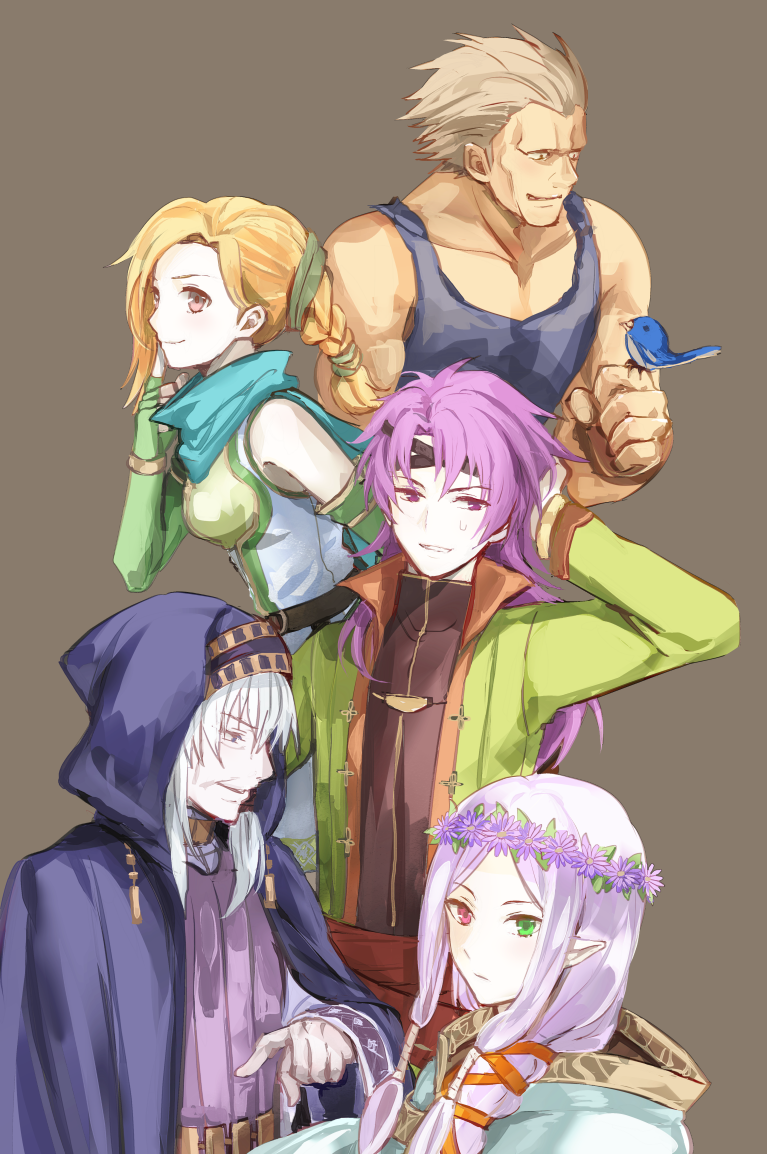 2boys, 3girls, bare_shoulders, cath_(fire_emblem), cloak, fingerless_gloves, fire_emblem, fire_emblem:_the_binding_blade