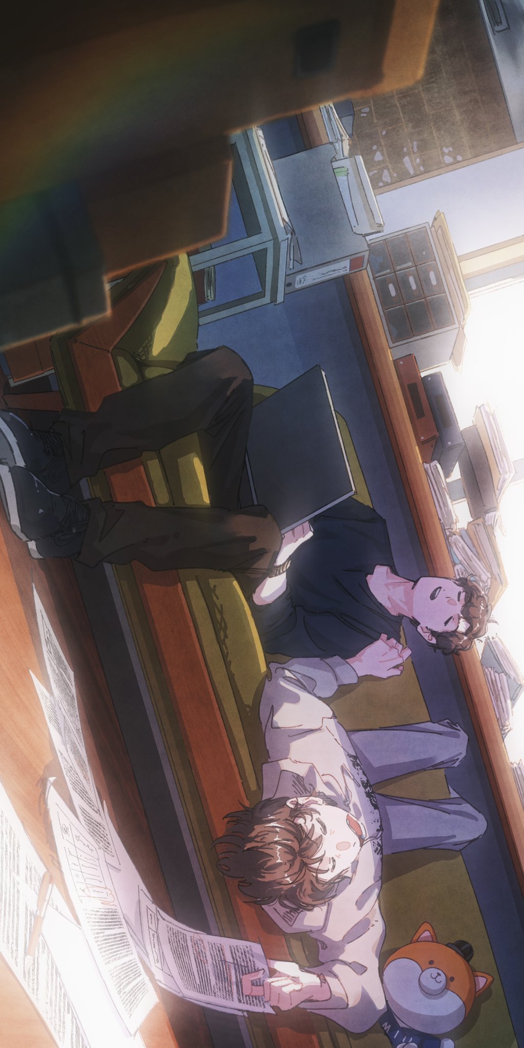 2boys, ayano_gou, brown_hair, brown_pants, closed_eyes, commentary, computer, dora_pingu