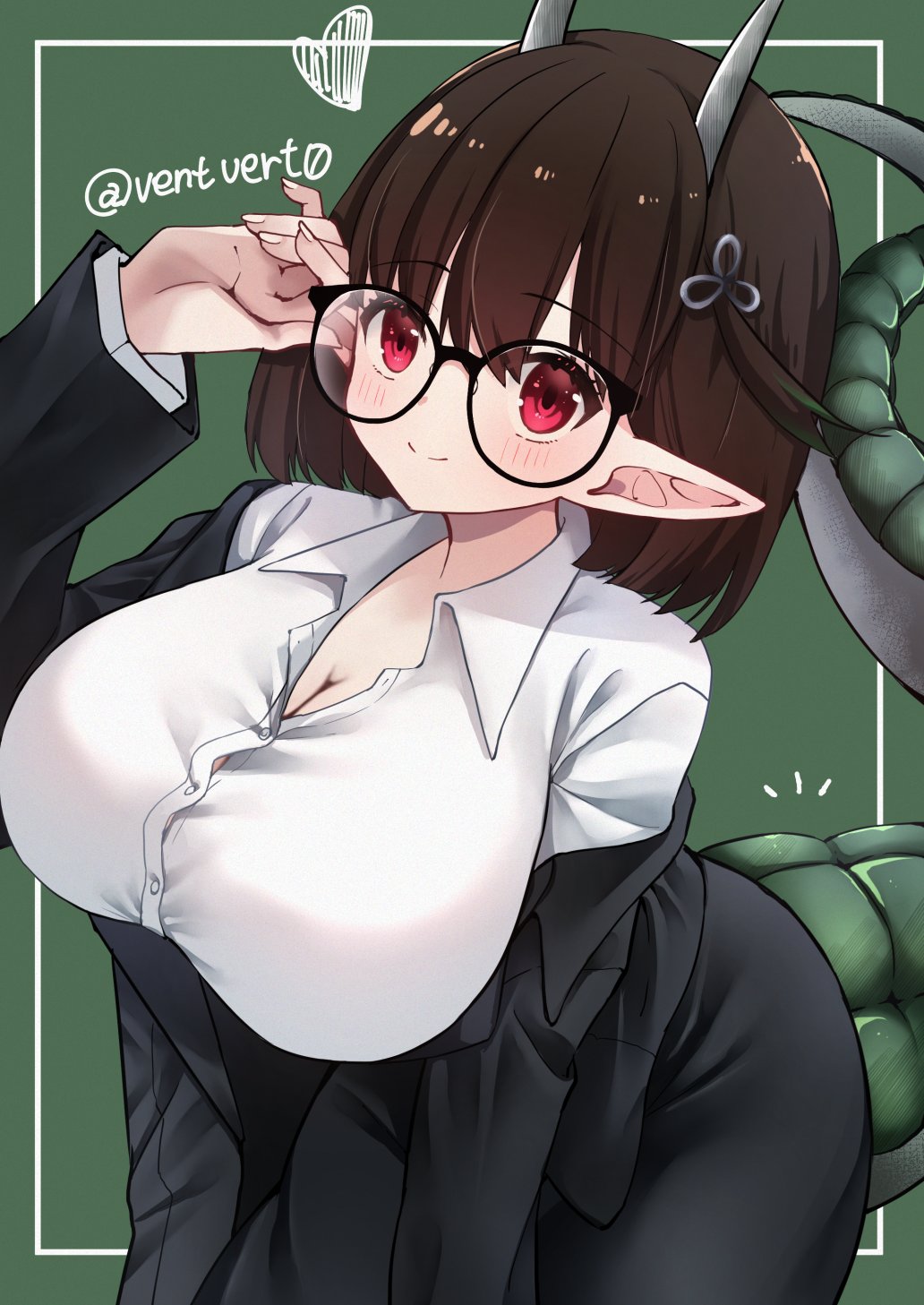 1girl, biscione_(fate), biscione_(first_ascension)_(fate), black_hair, breasts, cleavage, dragon_horns, dragon_tail