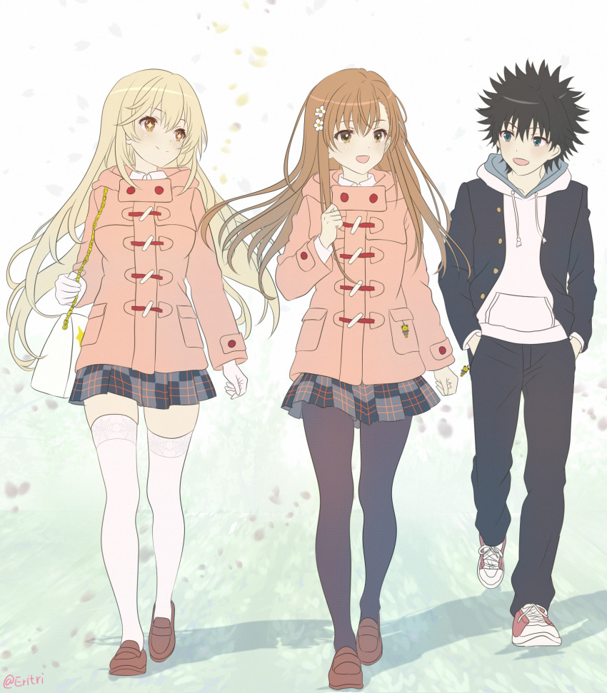 1boy, 2girls, alternate_costume, black_pantyhose, blonde_hair, breasts, brown_eyes, eritri