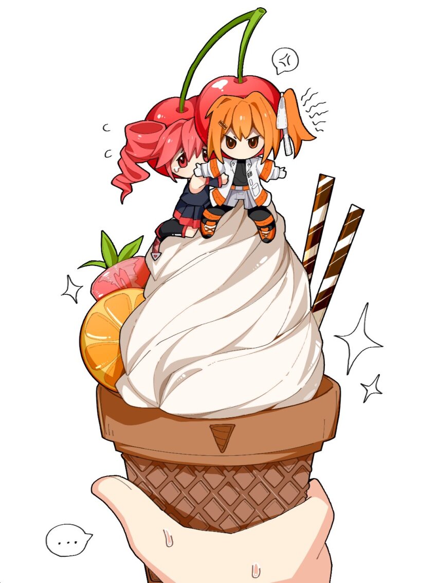 ..., 2girls, a.i._voice, adachi_rei, anger_vein, black_shirt, cherry, cherry_hat, chibi, chinese_commentary, commentary, drill_hair, flying_sweatdrops, food, fruit, grey_shirt, grey_shorts, grey_skirt, hair_ribbon, highres, ice_cream, ice_cream_cone, jacket, kasane_teto, kasane_teto_(utau), legs_apart, looking_at_viewer, mini_person, minigirl, multiple_girls, on_food, one_side_up, open_clothes, open_jacket, orange_(fruit), orange_eyes, orange_hair, orange_slice, outstretched_arms, pleated_skirt, pov, pov_hands, protecting, red_eyes, red_hair, ribbon, shirt, shorts, single_tear, sitting, skirt, sleeveless, sleeveless_shirt, sparkle, spoken_anger_vein, spread_arms, standing, twin_drills, utau, v-shaped_eyebrows, white_background, white_jacket, white_ribbon, yi_xing_luren